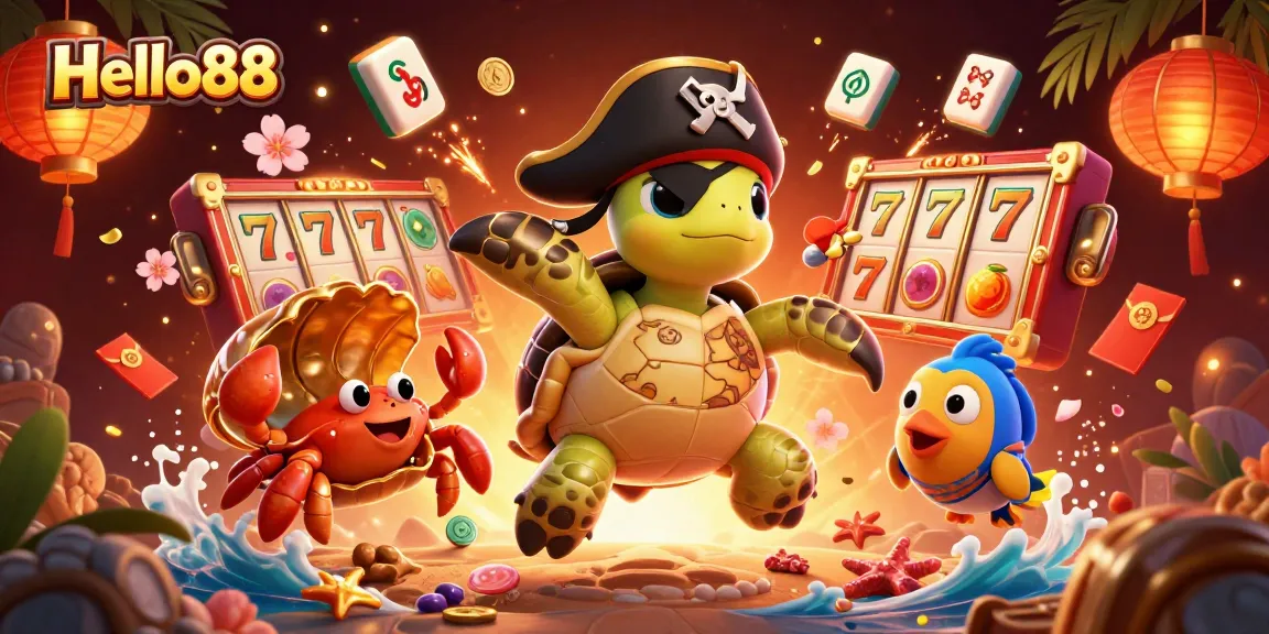 Experience thrilling fun at Hello88 with a vibrant pirate-themed casino scene featuring animated treasures.