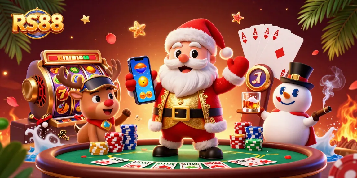 Experience the excitement of RS88 with Santa and friends celebrating jackpots in a vibrant casino.