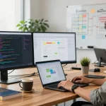 Build internal tools with AI in a vibrant office workspace showcasing collaboration and coding.