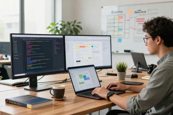 Build internal tools with AI in a vibrant office workspace showcasing collaboration and coding.