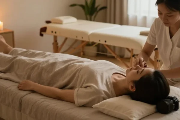 Relaxation during 출장안마 service in a cozy home setting with soothing decor.