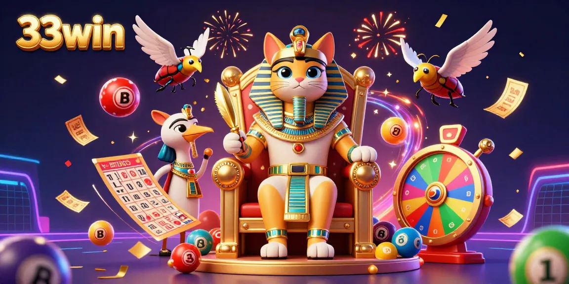 Engage with the vibrant energy of 33win at a dynamic lottery scene featuring a pharaoh cat, colorful lottery balls, and lively gaming elements.
