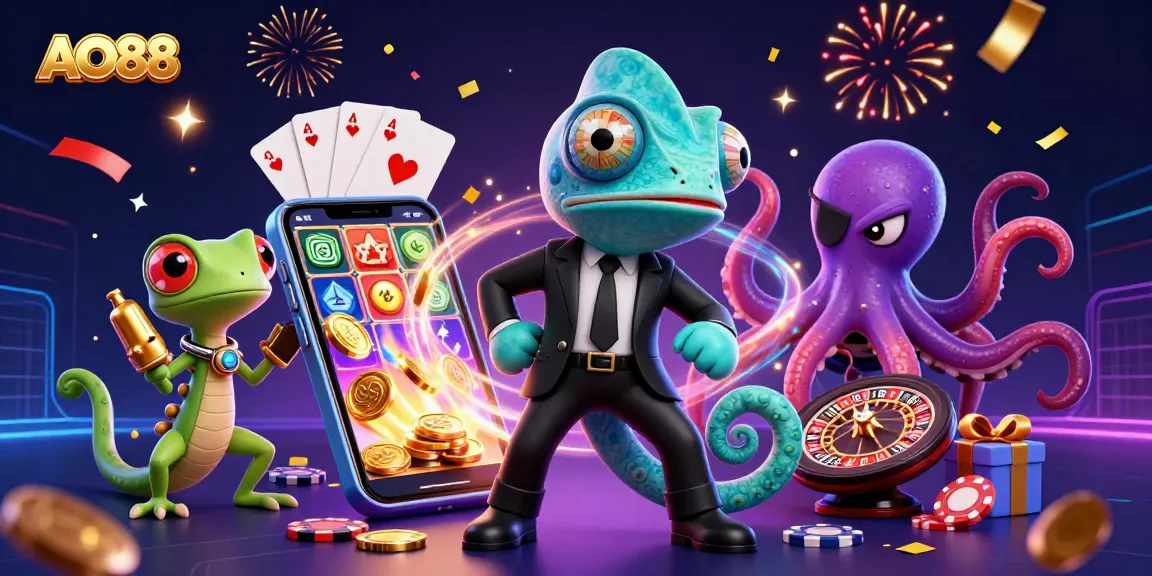 Engage with AO88's vibrant casino scene featuring thrilling slot game action and charismatic characters.