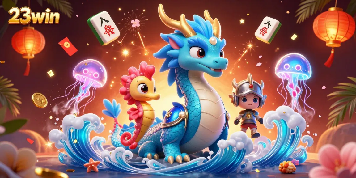 Experience excitement with 23win's vibrant online gaming scene featuring a dragon and seahorse knight.