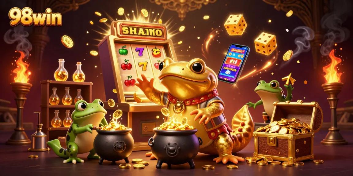 Visualize 98win's exciting jackpot action with golden alchemists and dynamic gaming elements.